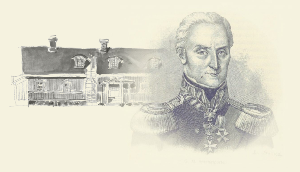 Piirros Georg Magnus Sprengtportenista, keski-ikäinen mies, korkea hiusraja, terävä nenä ja tuima katse